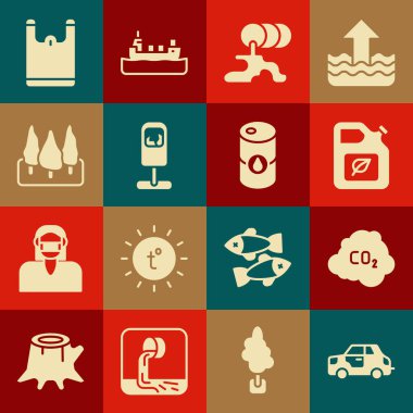 Araba ayarla, karbondioksit emisyonları bulutta, biyoyakıt tüpü, varil yağı sızıntısı, çöp, orman, plastik torba ve ikon. Vektör