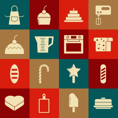 Pasta, Fransız ekmeği, kızarmış ekmek, yanan mumlar, ölçü kabı, mutfak önlüğü ve fırın ikonu. Vektör