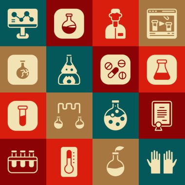 Tıbbi lastik eldiven, sertifika şablonu, test tüpü ve matara, laboratuvar asistanı, ateş, çatlak, kimyasal formül ve ilaç tableti ikonu. Vektör