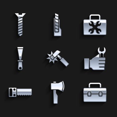 Çekiç, tahta balta, alet çantası, anahtarlık, el testeresi, macun bıçağı ve metal vida ikonu. Vektör
