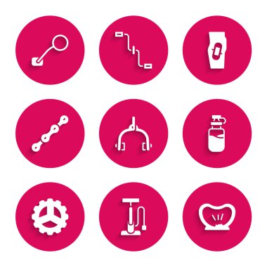 Bisiklet fren kalibrelerini, hava pompasını, patlak lastiği, su dolu spor şişesini, sproket kolu, zinciri, bacağında alçı ve dikiz aynası ikonunu ayarla. Vektör