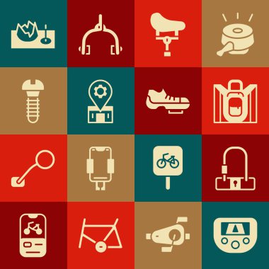 GPS cihazını harita, bisiklet kilidi, yürüyüş sırt çantası, koltuk, tamir servisi, metal vida, sokak rampası ve ayakkabı ikonu ile ayarla. Vektör