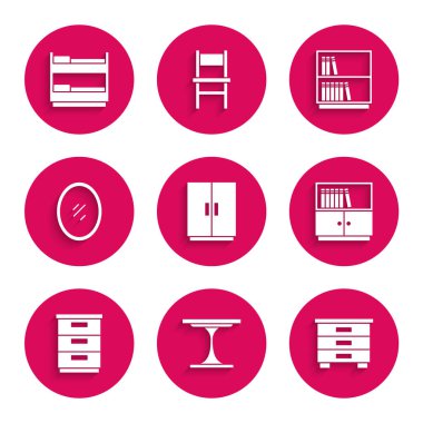 Gardırop, Yuvarlak Masa, Mobilya Sehpası, Kütüphane kitaplığı, Ayna ve Bunk yatak ikonu. Vektör