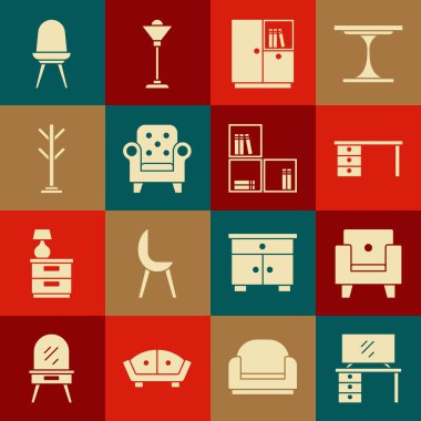 Televizyon sehpası, Koltuk, ofis masası, Gardırop, Ceket, Sandalye ve rafta kitap simgesi. Vektör