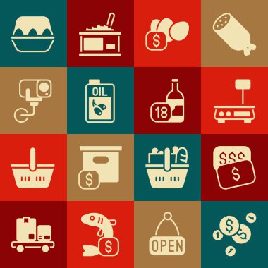 Dolar, yeni fiyat etiketi, elektronik terazi yumurta fiyatı, bir şişe zeytinyağı, güvenlik kamerası, tavuk kutusu ve şarap şişesi ikonu ile bozuk para ayarlayın. Vektör