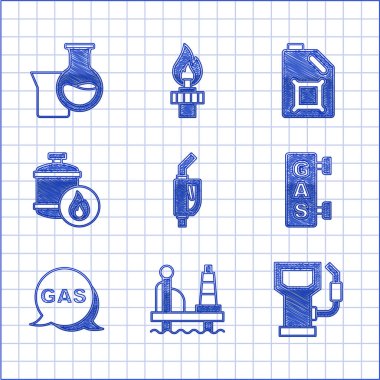 Benzin pompası enjektörünü, petrol platformunu deniz, benzin istasyonu, dolum, konum ve propan deposu, motor yağı ve benzin test tüpü ikonunu ayarlayın. Vektör