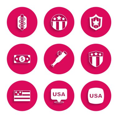 Beyzbol sopası, Amerikan Bağımsızlık Günü, Kalkan yıldızları, Amerikan bayrağı, deste kağıt para ve Hotdog sandviç ikonu. Vektör