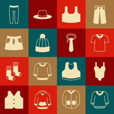 Süveter, mayo, tişört, atlet, şapka, etek, tayt ve kravat ikonu. Vektör