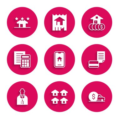 Çevrimiçi gayrimenkul, Emlak, Araba Kiralama, Kredi kartı, Emlakçı, Hesap Makinesi, Dolar ve ikonlu Ev. Vektör