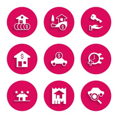Araba kiralama, ev, paylaşma, saat, emlak, dolar, anahtar ve ikon ile ayarlayın. Vektör