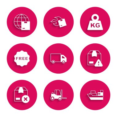 Teslimat kamyonu, forklift, kutulu kargo gemisi, güvenlik kalkanı, karton karton etiket, Free, Weight ve Worldwide taşımacılık ikonu. Vektör