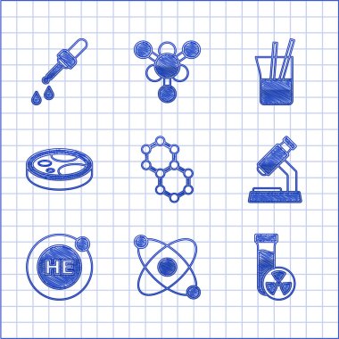 Molekül, Atom, toksik sıvı, mikroskop, helyum, petri kabı bakterisi, laboratuvar camı ve Pipette ikonu ile test tüpü hazırlayın. Vektör