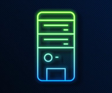 Parlayan neon hattı Bilgisayar simgesi mavi arkaplanda izole edildi. Bilgisayar bileşeni işareti. Vektör.