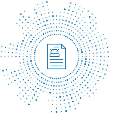 Mavi çizgi teknik tanımlama simgesi beyaz arkaplanda izole edildi. Teknik destek kontrol listesi, takım çalışması çözümü, proje yönetimi, yazılım güncellemesi. Soyut çember rastgele noktalar. Vektör.