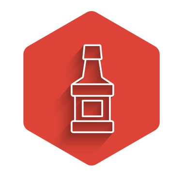 Beyaz çizgili viski şişesi ikonu uzun gölgeli. Kırmızı altıgen düğmesi. Vektör.