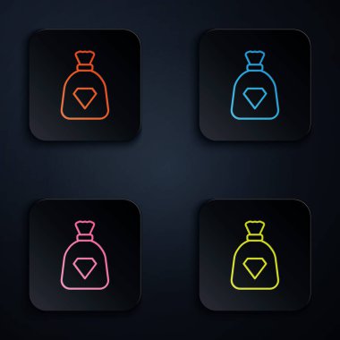 Siyah zemin üzerinde mücevher simgesi olan renkli neon çizgisi torbası. Kare düğmelere simgeleri yerleştir. Vektör