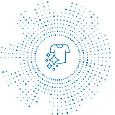 Mavi çizgi Kurutma ikonu beyaz arkaplanda izole edildi. Temiz gömlek. Çamaşırları çamaşır mandallarıyla iple yıka. Kıyafet bakımı ve düzenlilik. Soyut çember rastgele noktalar. Vektör