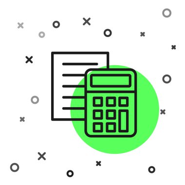 Siyah çizgi hesap makinesi simgesi beyaz arkaplanda izole edildi. Muhasebe sembolü. İş hesaplamaları matematik eğitimi ve finans. Vektör