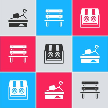 Sandbox 'ı kum, Bench ve Shooting galerisi ikonu ile kurun. Vektör