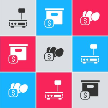 Elektronik pullar, karton karton kutu ve yumurta ikonu için fiyat etiketi ayarla. Vektör