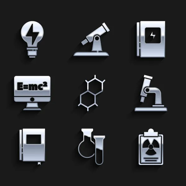 Set Chemical Formula Test Tube Flask Radiation Warning Document Microscope — Stock Vector