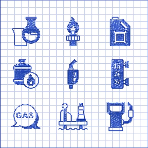 Benzin pompası enjektörünü, petrol platformunu deniz, benzin istasyonu, dolum, konum ve propan deposu, motor yağı ve benzin test tüpü ikonunu ayarlayın. Vektör