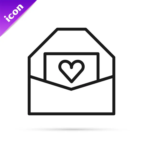 Black Line Envelope Valentine Heart Icon Isolated White Background Message — Stock Vector