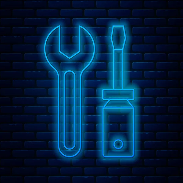 Leuchtende Neon Linie Schraubendreher Und Schraubenschlüssel Werkzeuge Symbol Isoliert Auf — Stockvektor