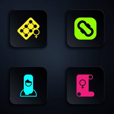 Feminizm, doğum kontrol haplarının ambalajı, Müslüman kadın başörtüsü ve hijyenik peçete. Siyah kare düğme. Vektör