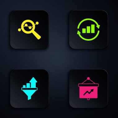 Paneli grafik, arama veri analizi, satış huni şeması ve grafikle ayarla. Siyah kare düğme. Vektör