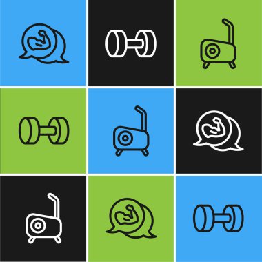 Vücut geliştirici kas, sabit bisiklet ve Dumbbell ikonu. Vektör