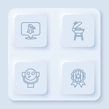 Kartal hattı, ızgara ızgara, turist dürbünü ve yıldızlı madalya. Beyaz kare düğme. Vektör