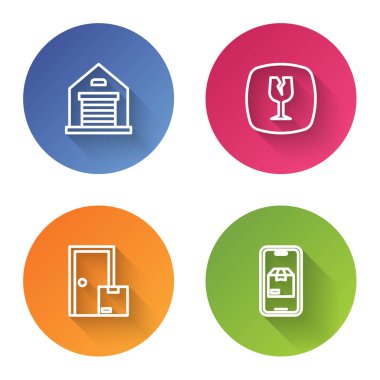 Depo hattını, kırılgan camları, ev dağıtım hizmetlerini ve mobil uygulama takibini ayarla. Renkli daire düğmesi. Vektör