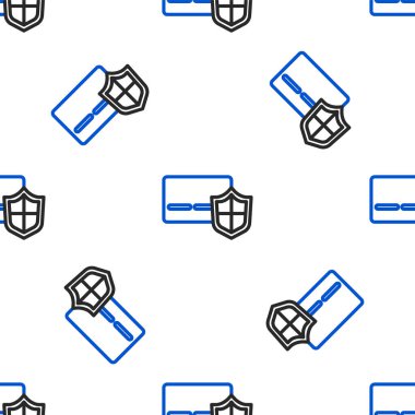 Kalkan simgesine sahip çizgi kredi kartı beyaz arka planda izole edilmiş kusursuz desen. Çevrimiçi ödeme. Nakit çekilmesi. Finansal operasyonlar. Alışveriş tabelası. Renkli taslak konsepti. Vektör