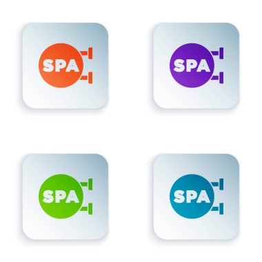 Beyaz arkaplanda izole edilmiş renkli spa salonu simgesi. Güzellik salonu, masaj, kozmetik. Spa tedavisi ve kozmetoloji. Kare düğmelere renkli simgeleri yerleştir. Vektör.