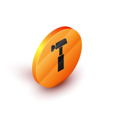 Beyaz arkaplanda Isometric Hammer simgesi izole edildi. Tamir için bir araç. Turuncu daire düğmesi. Vektör.