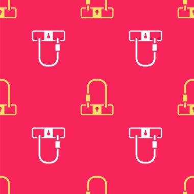 Sarı bisiklet kilidi U şeklinde endüstriyel ikon kırmızı arka planda izole edilmiş pürüzsüz desen. Vektör.