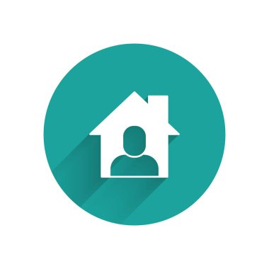 Beyaz Çevrimiçi çalışma simgesi uzun gölgeli. Evinde dizüstü bilgisayarla çalışan serbest çalışan bir adam. Uzaktan kumanda. Mesafeli iş kavramı. Yeşil daire düğmesi. Vektör.