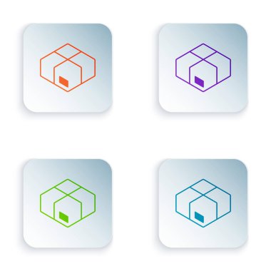 Beyaz arkaplanda izole edilmiş renkli karton kutu simgesi. Kutu, paket, paket işareti. Teslimat ve ambalaj. Kare düğmelere renkli simgeleri yerleştir. Vektör