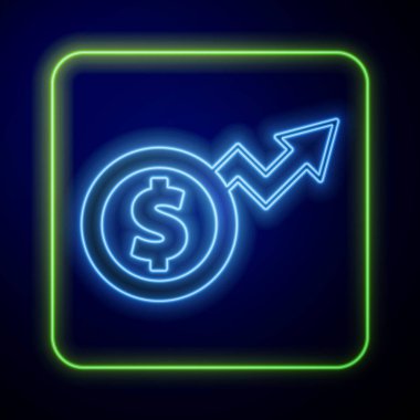 Parlayan neon neon madeni para ikonu mavi arka planda izole edildi. Gelirleri arttırıyorum. Vektör