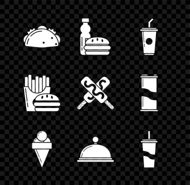 Taco 'yu tortilla, bir şişe su ve burger, kamış içen kağıt bardak, dondurma külahı, kaplanmış tepsi yemeği, patates kızartması karton kutu ve ikon ile hazırla. Vektör