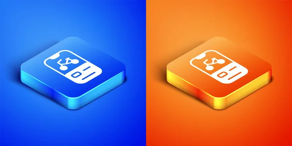 Izometrické Půjčovna Kol Mobilní Aplikace Ikona Izolované Modrém Oranžovém Pozadí — Stockový vektor