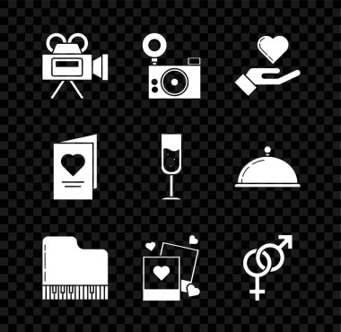 Kamera, fotoğraf makinesi, kalp, piyano, iki boş fotoğraf çerçevesi, kalpler, cinsiyet, sevgililer günü partisi ilanı ve şampanya ikonu. Vektör