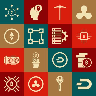 Kripto para birimi Dash, Bitcoin, CPU madencilik çiftliği, Kazma, Blokzincir teknolojisi, Ethereum ETH, ve Sunucu ve dişli ikonu ayarla. Vektör