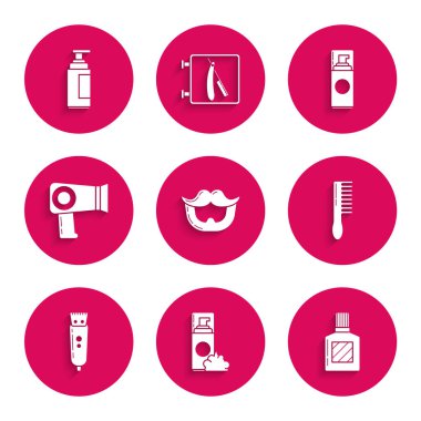 Bıyıklı ve sakallı tıraş köpüğü tıraş köpüğü tıraş losyonu saç fırçası, saç kurutma makinesi ve krem losyon ikonunu ayarlayın. Vektör.