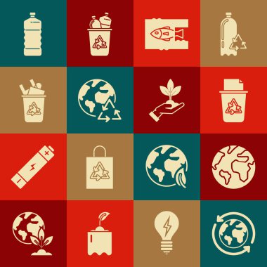 Gezegen ve geri dönüşüm, Dünya küresi, geri dönüşüm sembollü geri dönüşüm kutusu, okyanus plastik kirliliğini durdurun, plastik şişe ve çevre koruma ikonunun bitki eli. Vektör