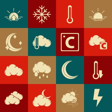 Şimşek, termometre, Celsius ve bulut, ay yıldızları, gün doğumu ve ikon ayarlayın. Vektör