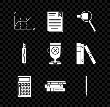 Pasta grafiği bilgisini, dosya belgesini ve atacı, büyüteç, hesap makinesi, kağıt belgeli ofis klasörleri, silgi, kırtasiye bıçağı ve ödül kupasının simgesini ayarla. Vektör