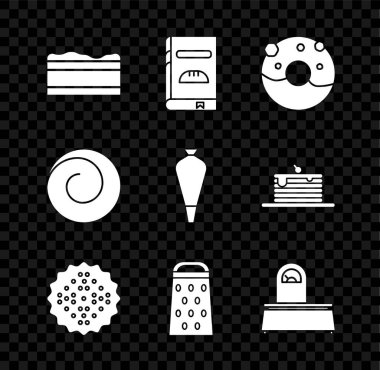 Brownie çikolatalı kek kitaplı donut 'ı tatlı jöleli kraker bisküvisi rendelenmiş çörek tarçınlı çörek ve pasta torbasıyla dekore et. Vektör.