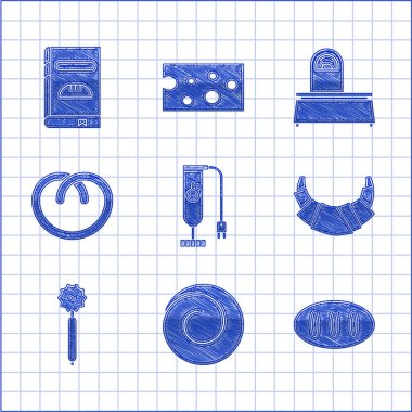 Blender Roll çöreğini tarçınlı ekmek, kruvasan pizza bıçaklı kraker ve yemek kitabı ikonu ile hazırla. Vektör.